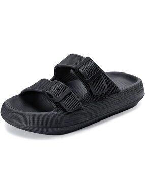 Women's Black Pillow Adjustable Width Design Double Buckle Flat Slides Slippers